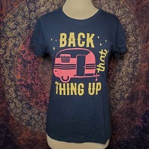 NWT Farm Fed Clothing Dark Blue Funny Camper Cotton Short Sleeve Tee Womens M